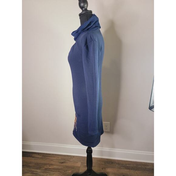 Navy Blue Long Sleeve Jersey Cozy Sweater Dress with Gold Design Floral Details - Picture 3 of 4